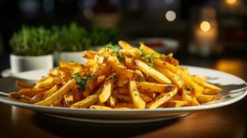 Photo of French Fries as a dish in a high-end restaurant. Generative AI