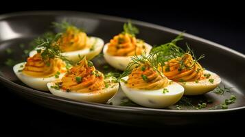 foto de muy condimentado huevos como un plato en un gama alta restaurante. generativo ai