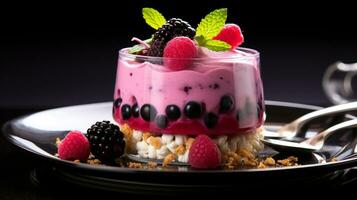 Photo of Dragon Fruit Parfait as a dish in a high-end restaurant. Generative AI