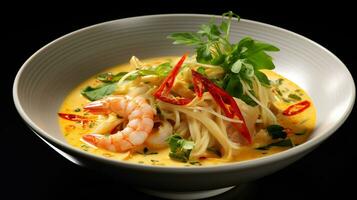 Photo of Laksa as a dish in a high-end restaurant. Generative AI