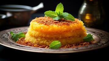 Photo of Kunafa as a dish in a high-end restaurant. Generative AI