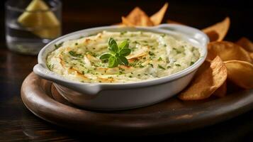 Photo of Hot Artichoke Dip as a dish in a high-end restaurant. Generative AI