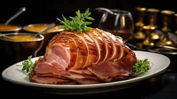 Photo of Honey Mustard Glazed Ham as a dish in a high-end restaurant. Generative AI