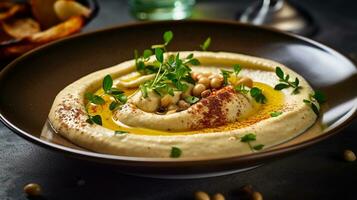 foto de hummus como un plato en un gama alta restaurante. generativo ai