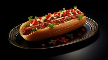 Photo of Hot Dog as a dish in a high-end restaurant. Generative AI