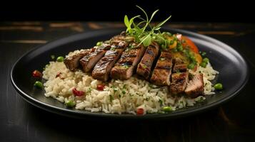 Photo of Jerk Pork with Rice and Peas as a dish in a high-end restaurant. Generative AI