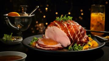 Photo of Honey Mustard Glazed Ham as a dish in a high-end restaurant. Generative AI