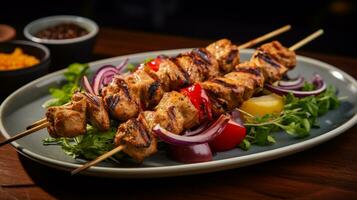 Photo of Jerk Chicken Skewers as a dish in a high-end restaurant. Generative AI