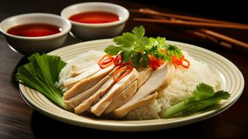 Photo of Hainanese Chicken Rice as a dish in a high-end restaurant. Generative AI