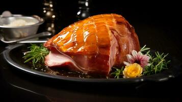 Photo of Honey Mustard Glazed Ham as a dish in a high-end restaurant. Generative AI