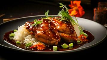 Photo of Hawaiian Huli Huli Chicken as a dish in a high-end restaurant. Generative AI