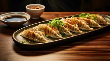 Photo of Gyoza as a dish in a high-end restaurant. Generative AI