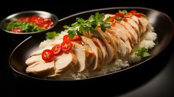 Photo of Hainanese Chicken Rice as a dish in a high-end restaurant. Generative AI