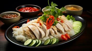 Photo of Hainanese Chicken Rice as a dish in a high-end restaurant. Generative AI