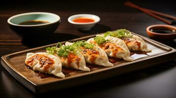 Photo of Gyoza as a dish in a high-end restaurant. Generative AI