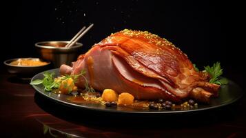 Photo of Honey Mustard Glazed Ham as a dish in a high-end restaurant. Generative AI