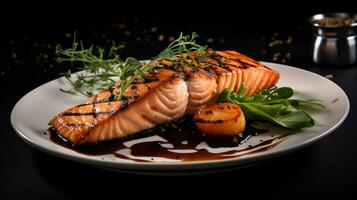 Photo of Grilled Salmon as a dish in a high-end restaurant. Generative AI
