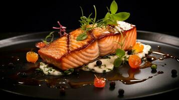 Photo of Grilled Salmon as a dish in a high-end restaurant. Generative AI