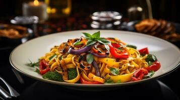 Photo of Grilled Vegetable Pasta as a dish in a high-end restaurant. Generative AI