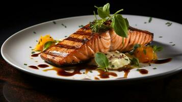 Photo of Grilled Salmon as a dish in a high-end restaurant. Generative AI