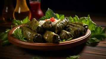 Photo of Dolmas - Stuffed Grape Leaves as a dish in a high-end restaurant. Generative AI