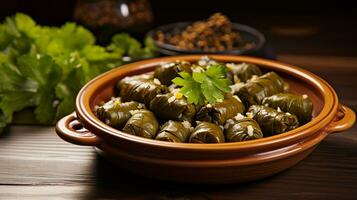 Photo of Dolmas - Stuffed Grape Leaves as a dish in a high-end restaurant. Generative AI