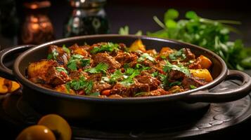 Photo of Lamb Tagine as a dish in a high-end restaurant. Generative AI