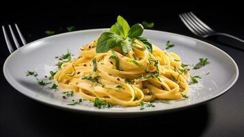 Photo of Lemon Garlic Butter Pasta as a dish in a high-end restaurant. Generative AI