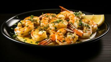 Photo of Lemon Garlic Butter Shrimp as a dish in a high-end restaurant. Generative AI