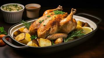 foto de limón hierba asado pollo como un plato en un gama alta restaurante. generativo ai