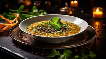 Photo of Lentil Soup as a dish in a high-end restaurant. Generative AI