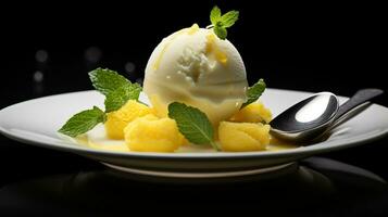 Photo of Lemonade Sorbet as a dish in a high-end restaurant. Generative AI