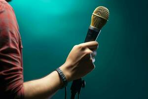 un masculino mano con confianza sostiene un micrófono en contra un vibrante azul antecedentes. ai generado foto
