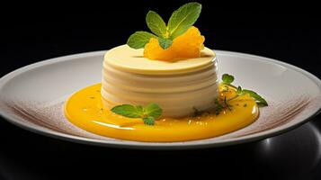 Photo of Mango Mousse as a dish in a high-end restaurant. Generative AI