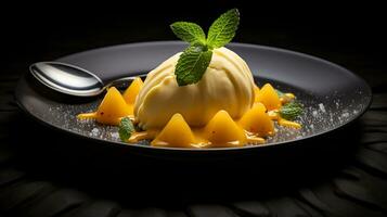 Photo of Mango Sorbet as a dish in a high-end restaurant. Generative AI