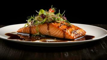 Photo of Maple Glazed Salmon as a dish in a high-end restaurant. Generative AI