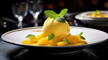 Photo of Mango Sorbet as a dish in a high-end restaurant. Generative AI