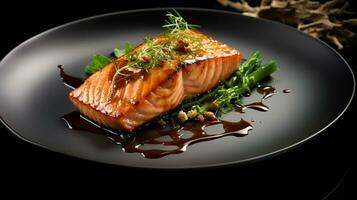 Photo of Maple Glazed Salmon as a dish in a high-end restaurant. Generative AI