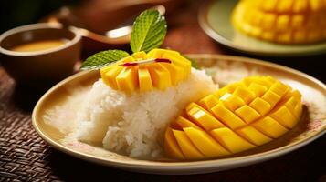 Photo of Mango Sticky Rice as a dish in a high-end restaurant. Generative AI