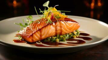 Photo of Maple Glazed Salmon as a dish in a high-end restaurant. Generative AI