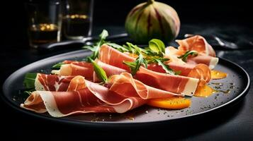 Photo of Melon and Prosciutto as a dish in a high-end restaurant. Generative AI