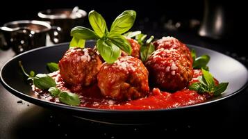 Photo of Meatballs in Marinara Sauce as a dish in a high-end restaurant. Generative AI