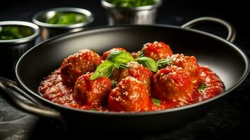 Photo of Meatballs in Marinara Sauce as a dish in a high-end restaurant. Generative AI