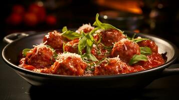 Photo of Meatballs in Marinara Sauce as a dish in a high-end restaurant. Generative AI