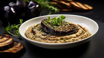 Photo of Moutabal - Eggplant Dip as a dish in a high-end restaurant. Generative AI