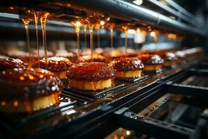 Factory hums as cakes progress on the conveyor line  AI Generated photo