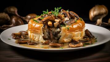 Photo of Mushroom and Chestnut Pie as a dish in a high-end restaurant. Generative AI