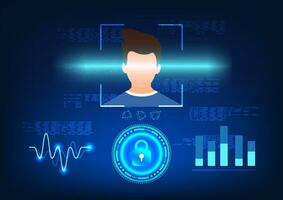 Facial scanning technology to access important information that requires identification in order to use It's an image of a person scanning their face with a code lock surrounding it. vector