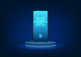 smartphone technology A mobile phone was placed on a podium with the screen scanning a QR code. You can pay or view information. Passed the QR code scanning system vector