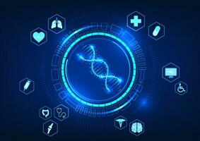 Medical technology DNA is inside the technology circle along with medical elements. Modern technology can access DNA data to analyze and find new medicines for patients. vector